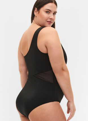One-shoulder swimsuit with mesh, Black, Model image number 3
