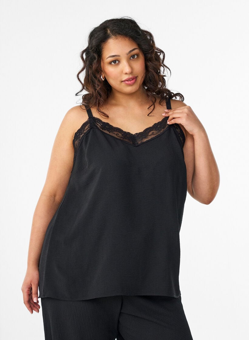 Cami top with a V-neck and lace trim, Black, Model image number 0