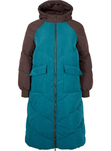 Long colorblock winter jacket with hood, Deep Teal Comb, Packshot image number 0