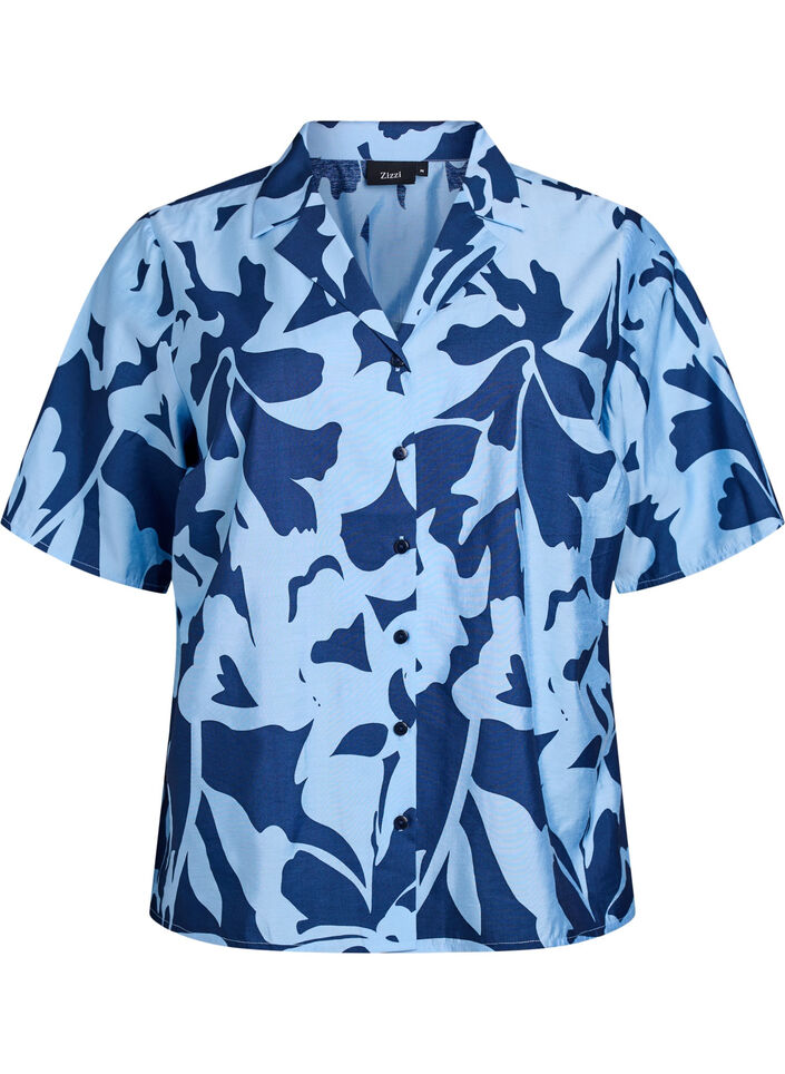 Shirt blouse with print and V-neck, Blue, Packshot image number 0