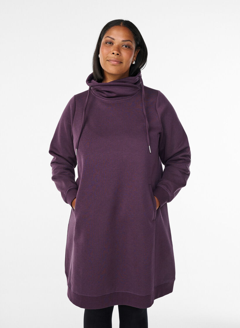 Short sweatshirt dress with high collar and pockets, Purple, Model image number 0