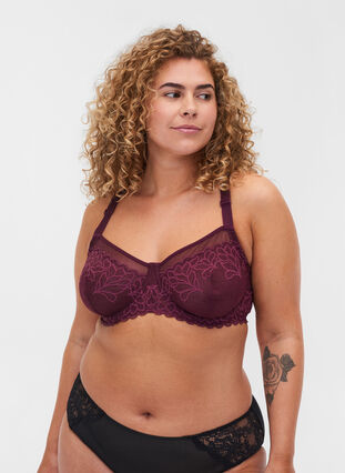 Lace bra with underwire and mesh details - Red - Sz. 85E-115H - Zizzifashion
