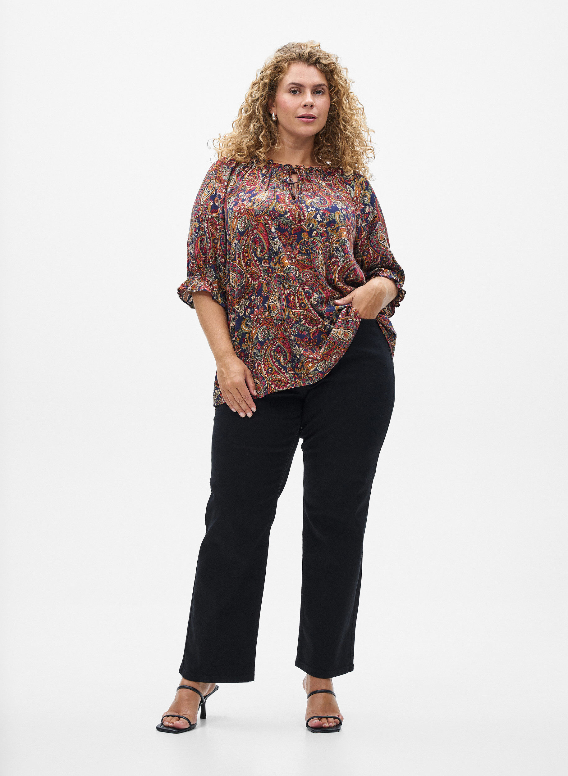ZizzifashionViscose blouse with paisley print and elbow length sleeves, Blue, Model image number 1