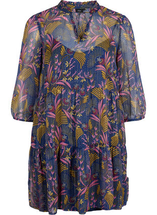 Tunic with floral print and lurex, Blue w. Pink Leaf, Packshot image number 0