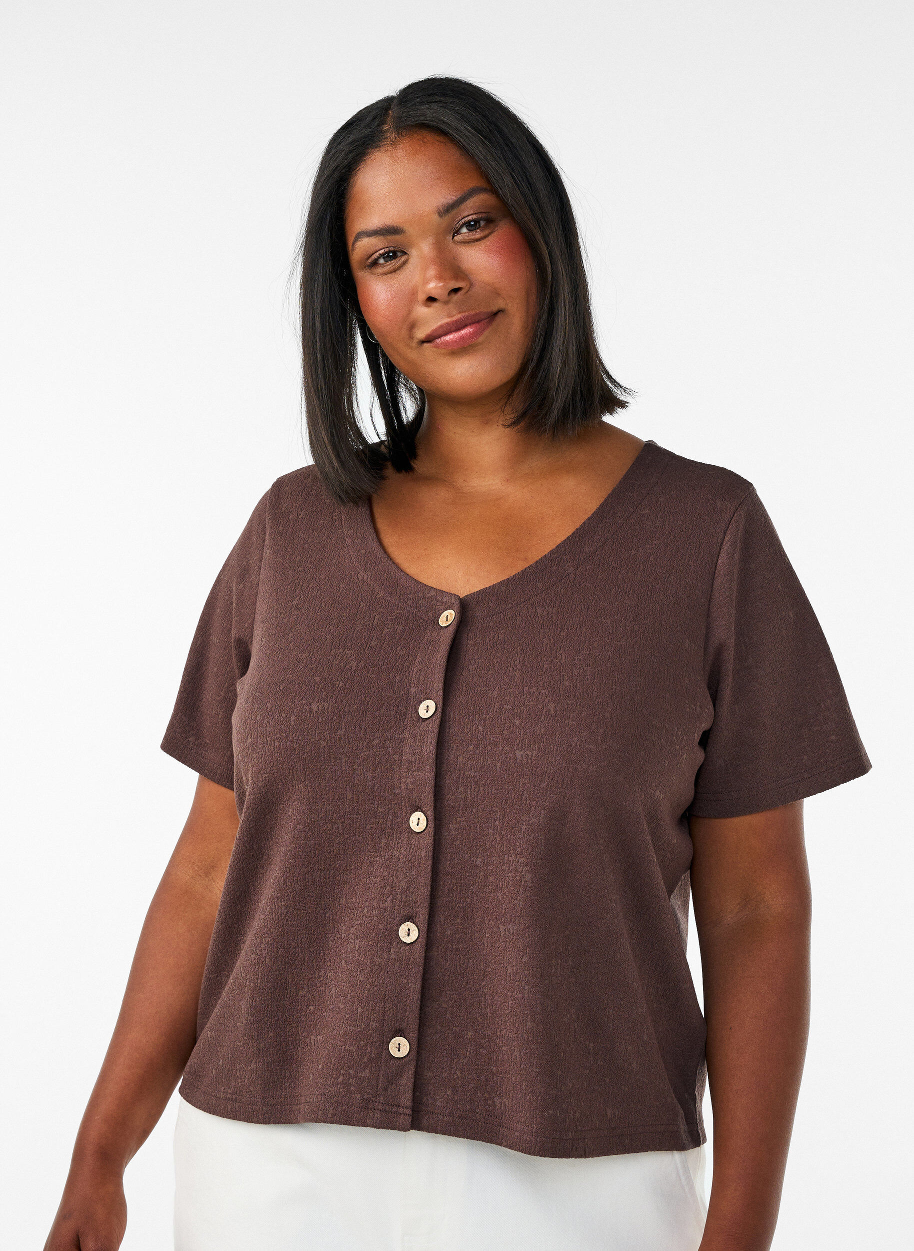 ZizzifashionTextured cotton blouse with button fastening, Brown, Model image number 0