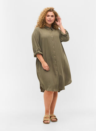 Long solid-coloured viscose shirt with 3/4 sleeves, Dusty Olive, Model image number 2