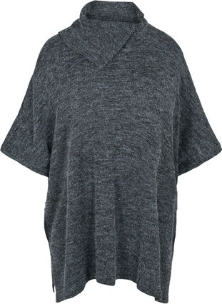 Short-sleeved knitted poncho with collar, Dark Grey Melange, Packshot image number 0