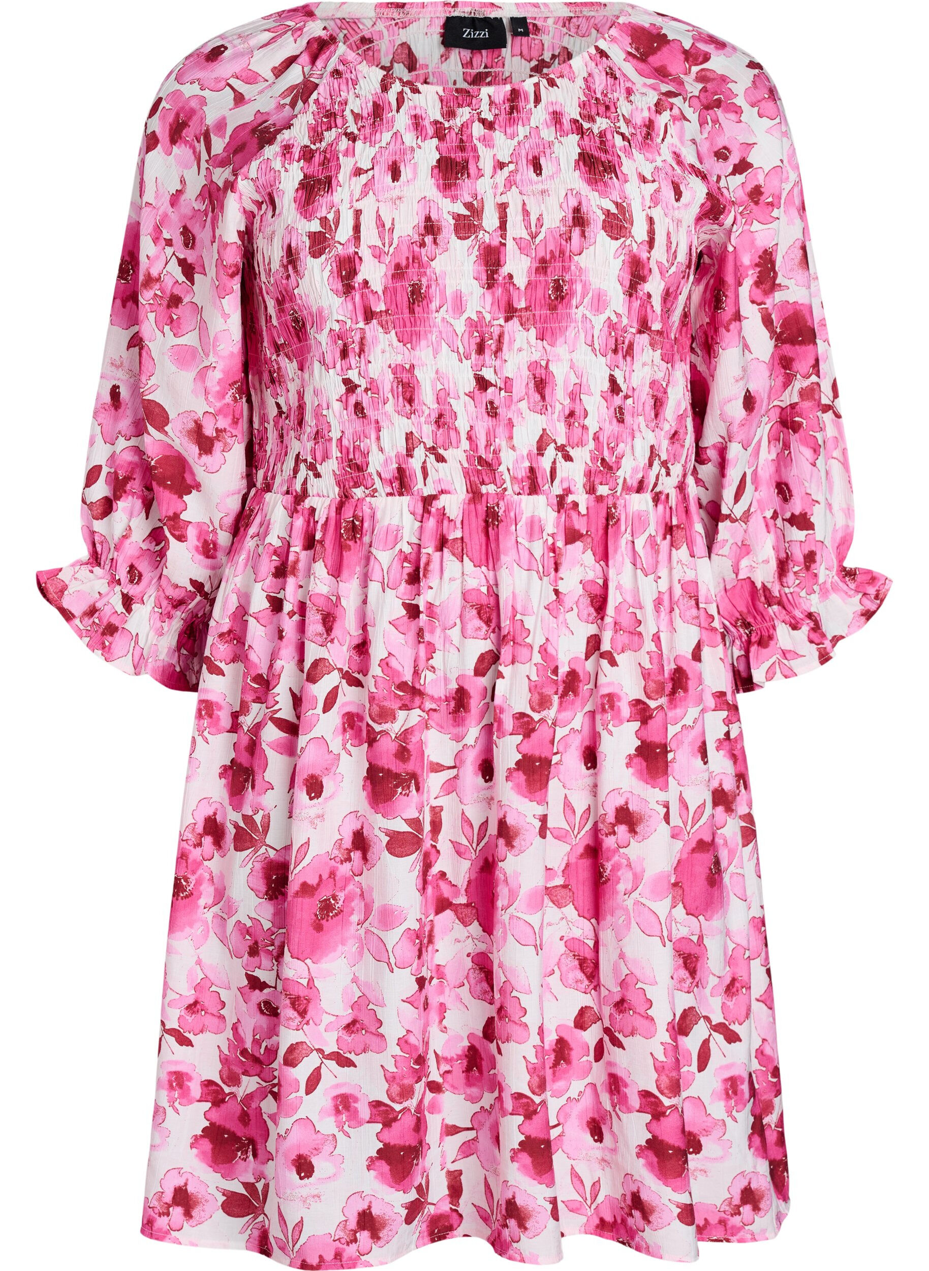 Zizzifashion Smocked dress with floral print, Pink, Packshot image number 0