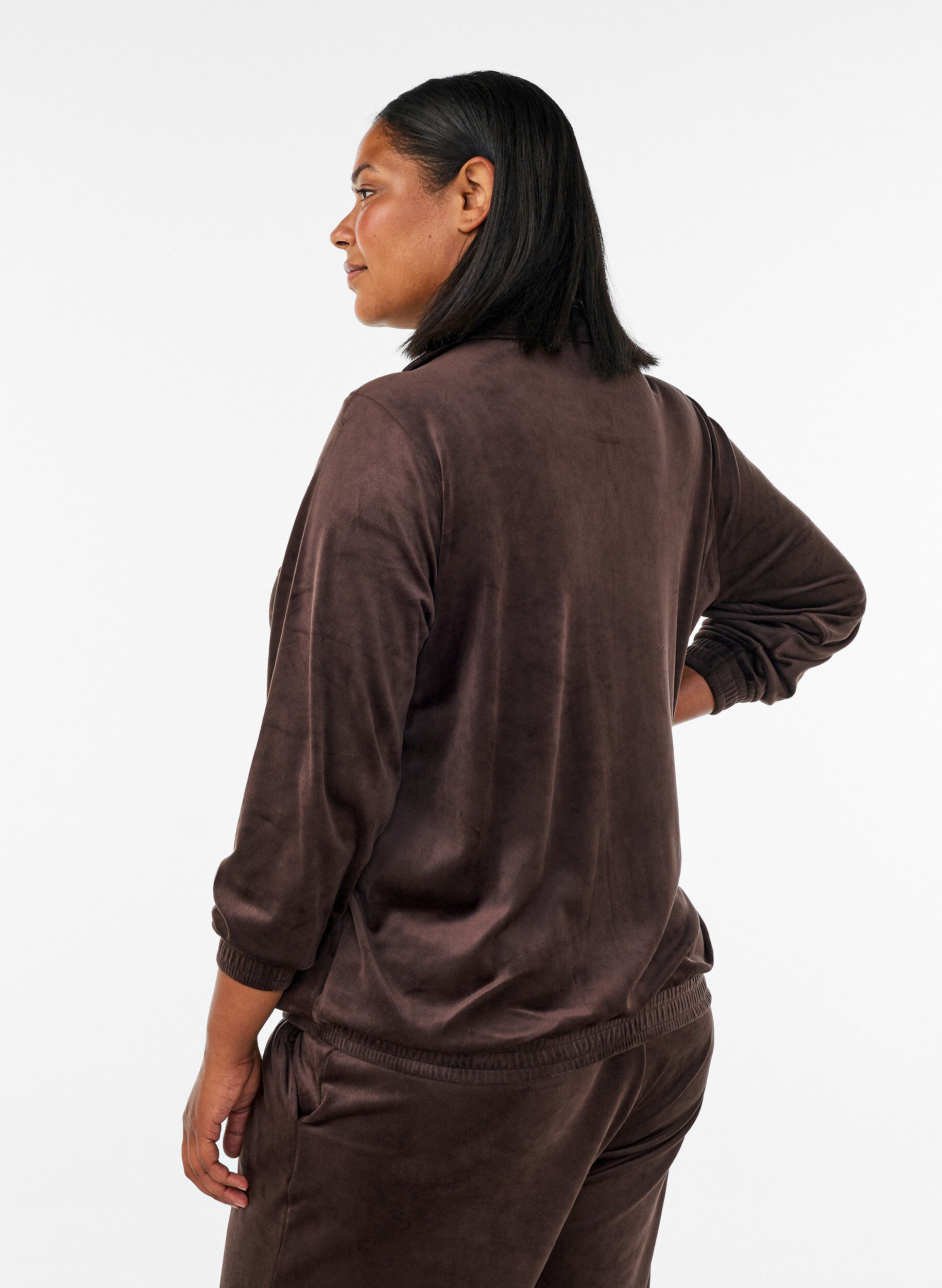 ZizzifashionSoft velour cardigan with a zipper and high collar, Brown, Model image number 2