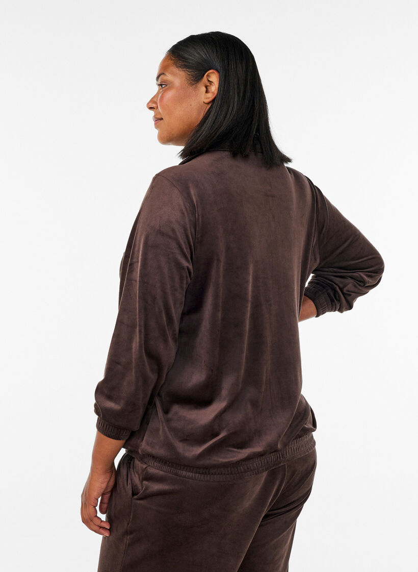 Soft velour cardigan with a zipper and high collar, Brown, Model image number 2