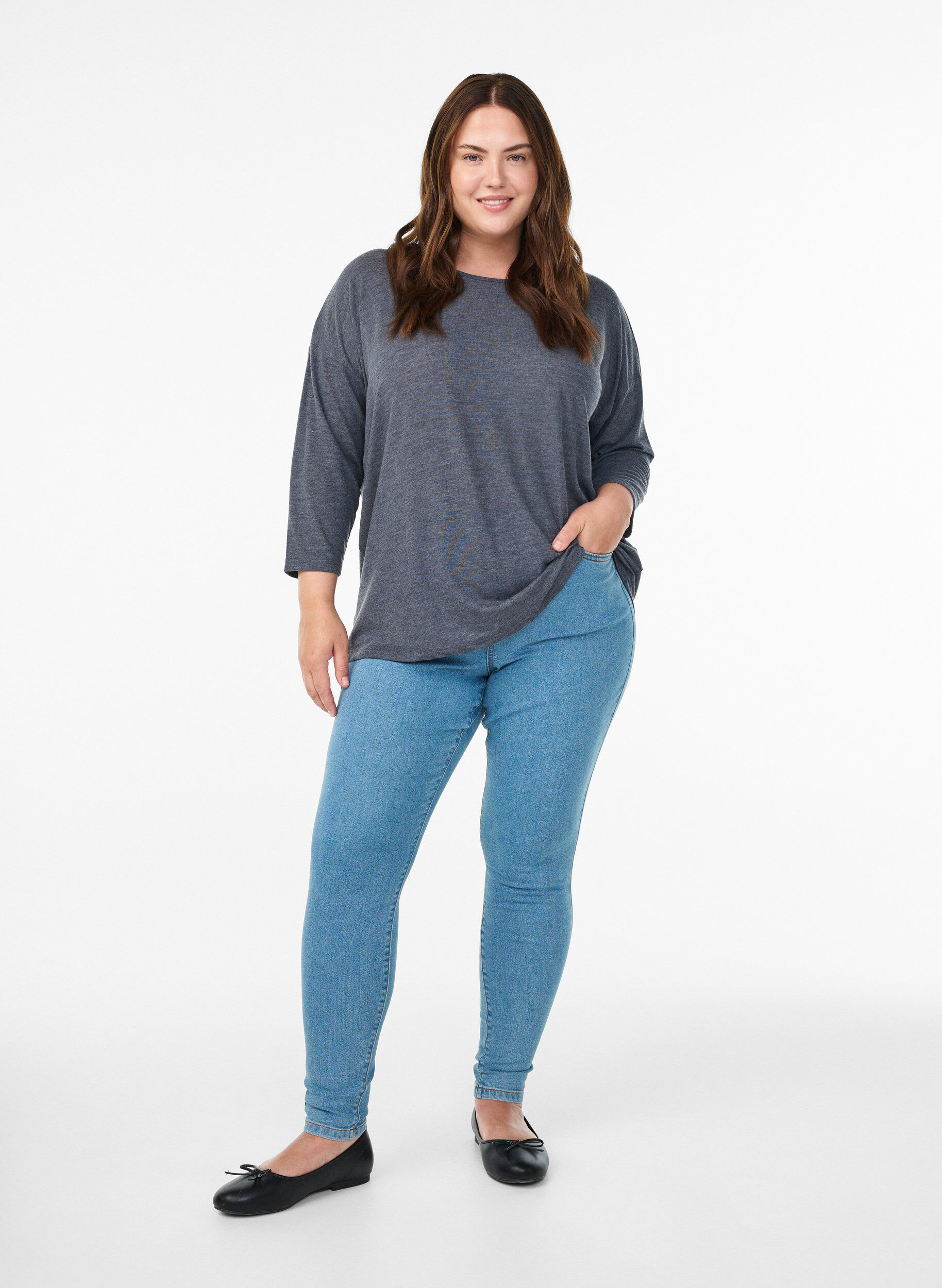 ZizzifashionJersey blouse with 3/4 sleeves, Dark Grey, Model image number 1