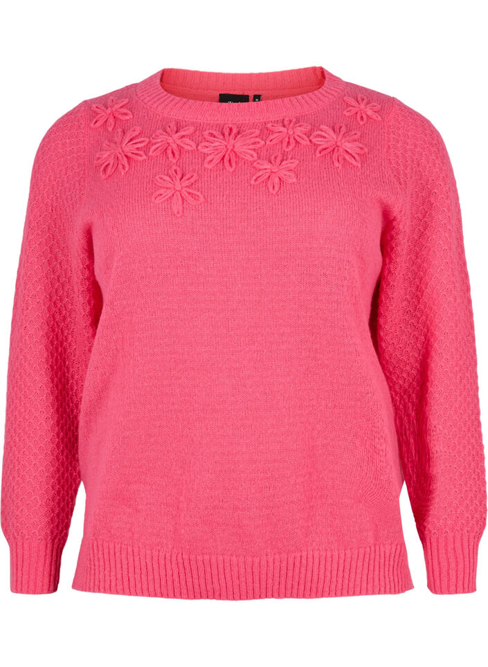 Knitted jumper with flower details, Hot Pink, Packshot image number 0