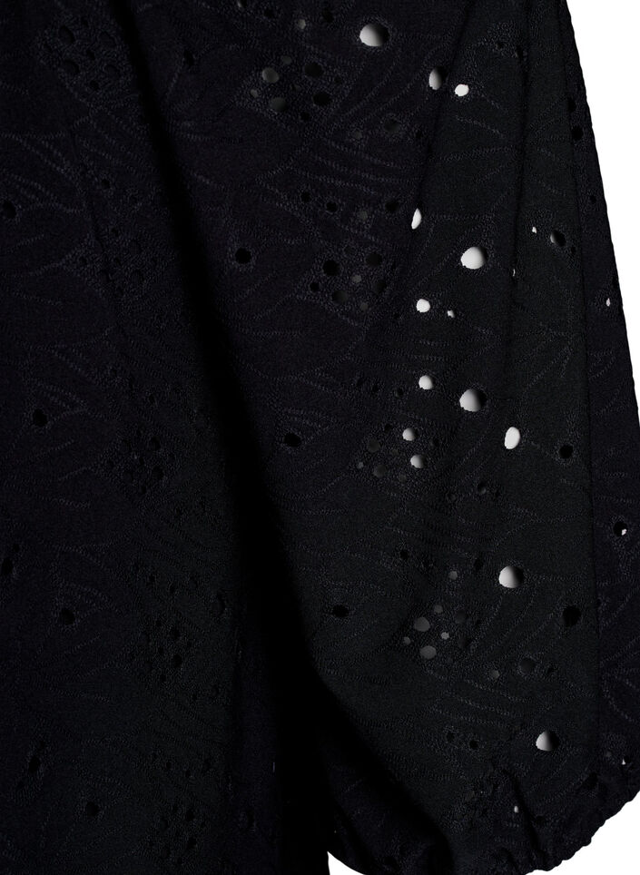 Blouse with short puff sleeves and an openwork pattern, Black, Packshot image number 3