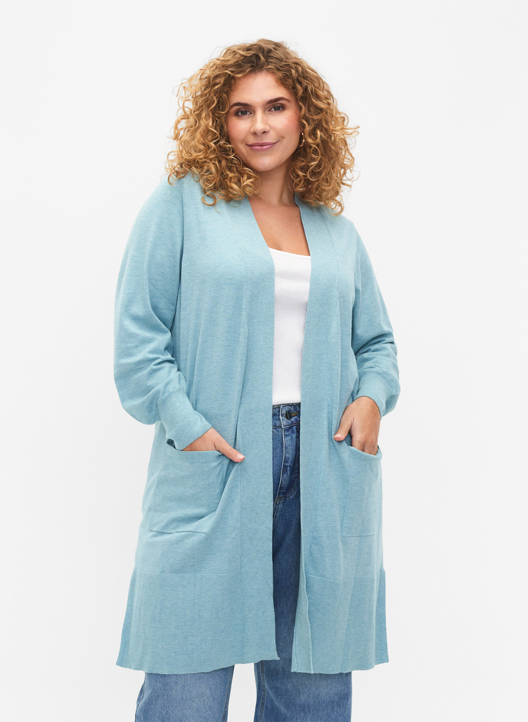 Zizzifashion Long knitted cardigan with pockets, Reef Waters Mel., Model image number 0