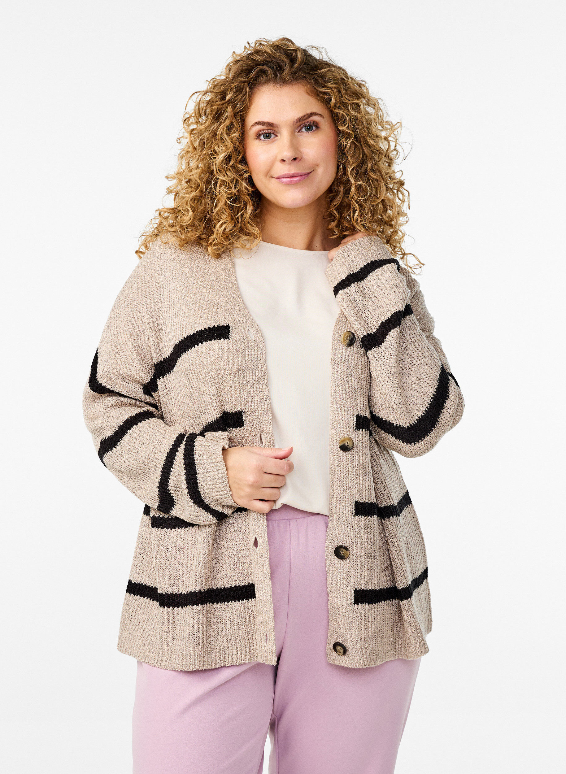 Zizzifashion FLASH - Knitted cardigan with stripes and buttons, Beige, Model image number 0