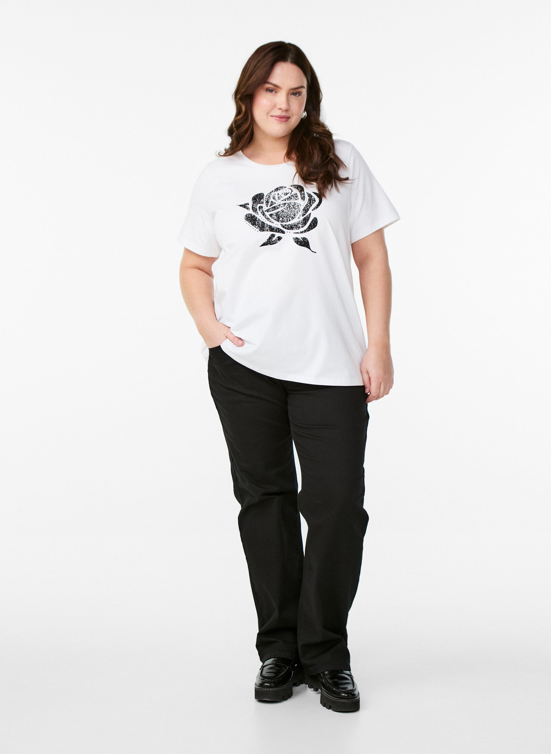 Zizzifashion T-shirt in organic cotton with floral print, B. White w. Rose, Model image number 2