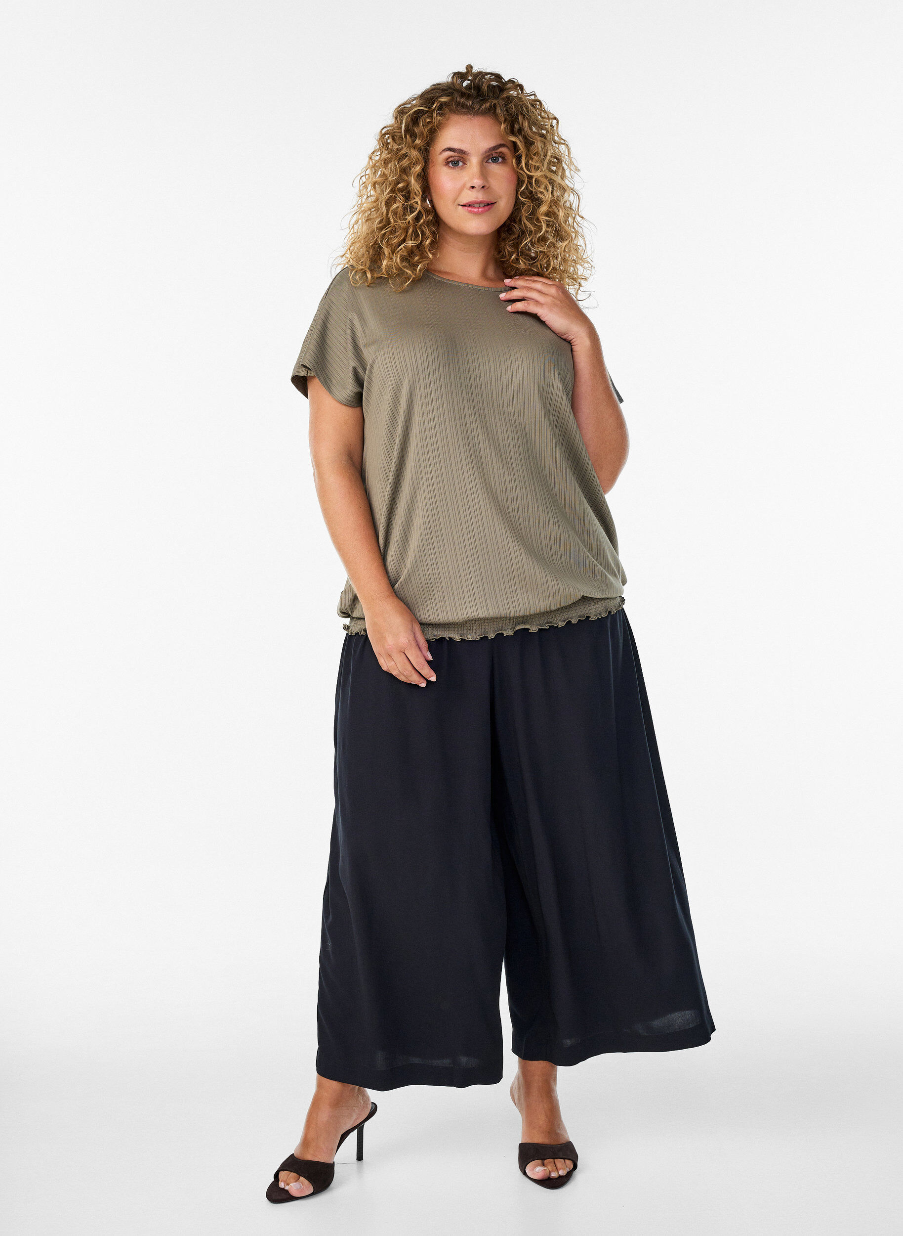 ZizzifashionJersey blouse with textured stripes and a smocked hem, Brown, Model image number 1