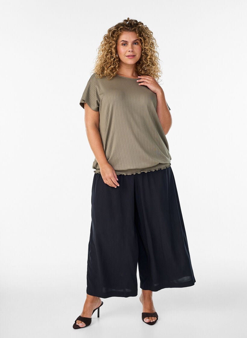 Jersey blouse with textured stripes and a smocked hem, Brown, Model image number 1