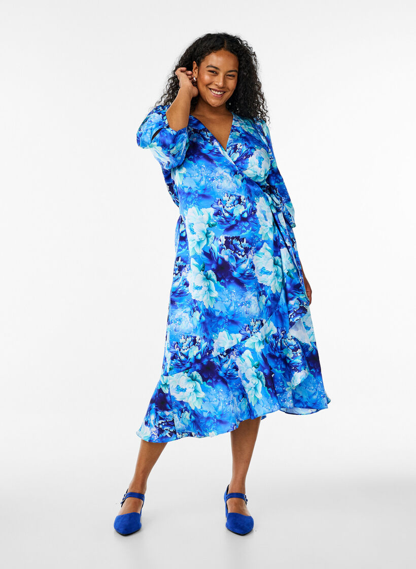 Floral wrap dress with 3/4 sleeves, Blue, Model image number 1