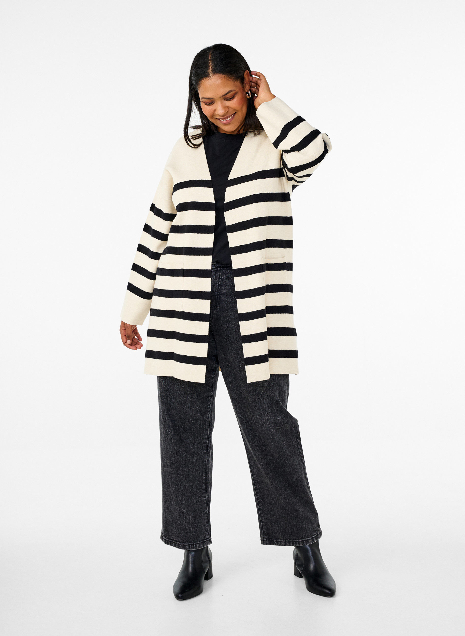 Zizzifashion Long striped knitted cardigan, Birch w/Black, Model image number 2