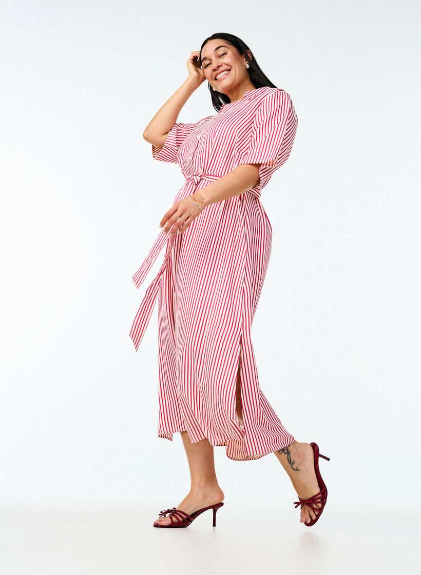 Ankle-length shirt dress with tie belt and stripes, Pink, Image image number 0