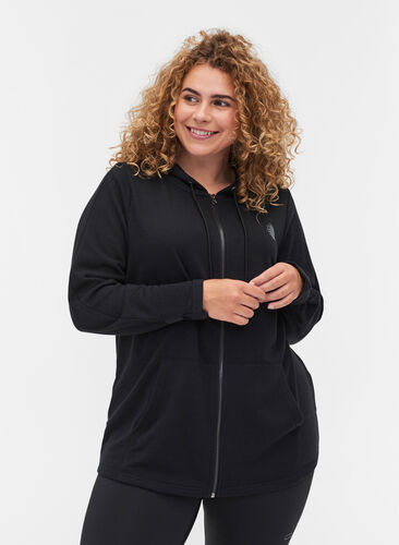 Sweat cardigan with zip and hood, Black, Model image number 0