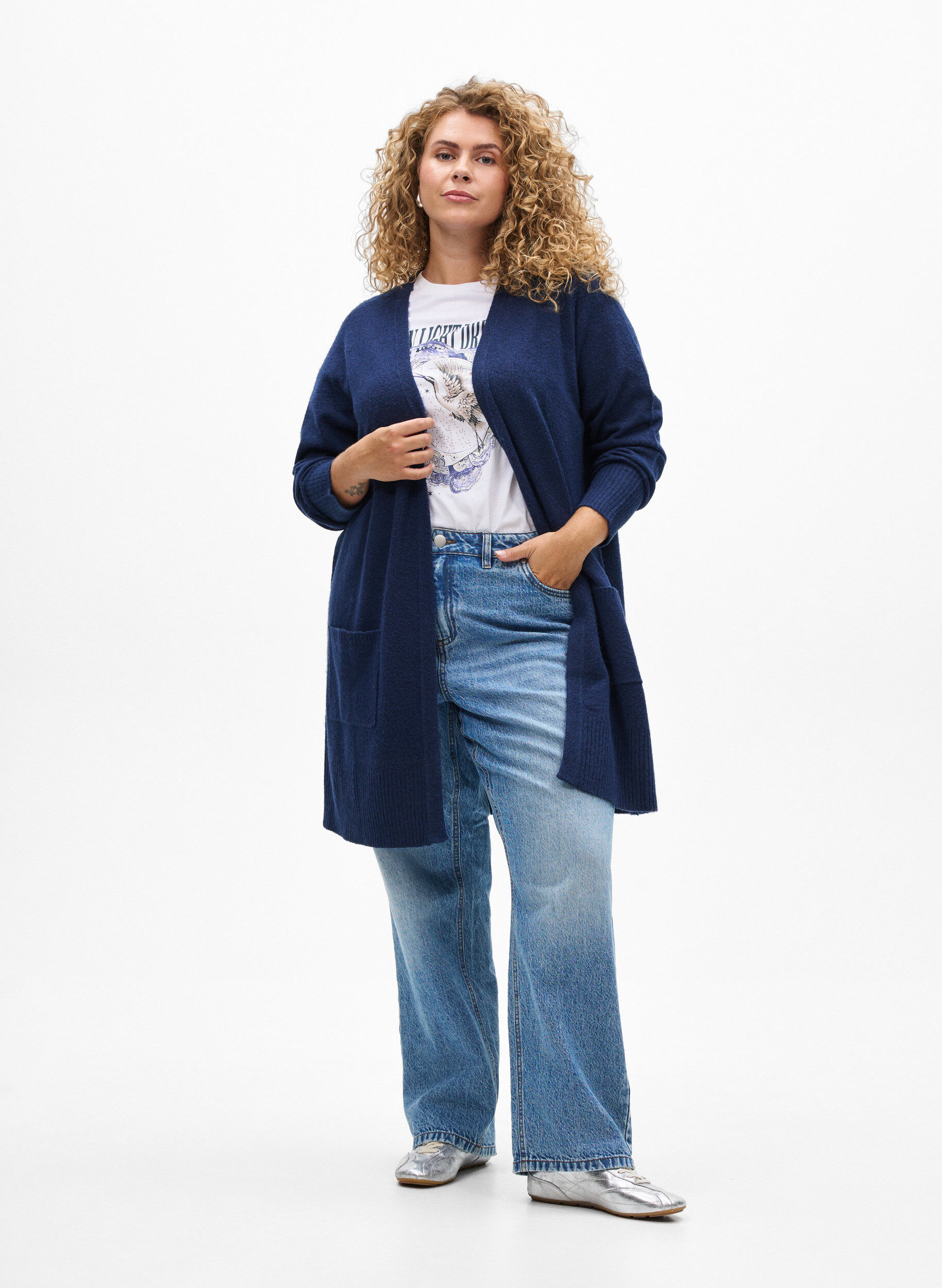 ZizzifashionRibbed Knit Cardigan with Pockets, Blue, Model image number 1