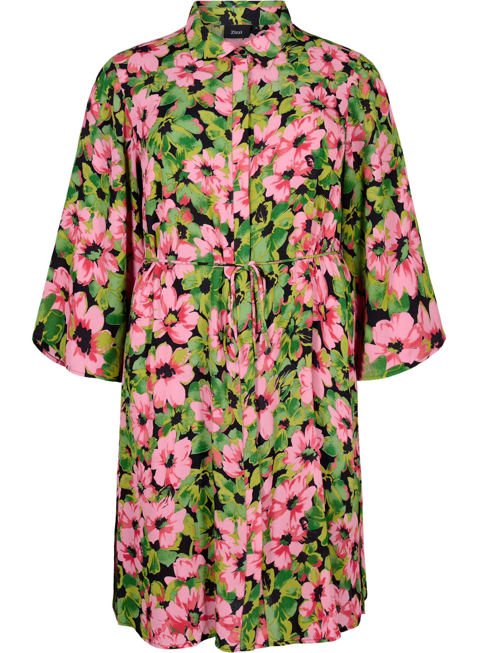 Zizzifashion 	 Viscose shirt dress with floral print, Pink G. Flower AOP, Packshot image number 0