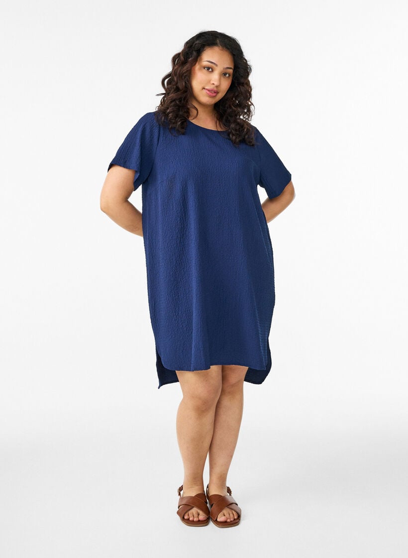 Short dress with a crinkled texture and short sleeves, Blue, Model image number 1