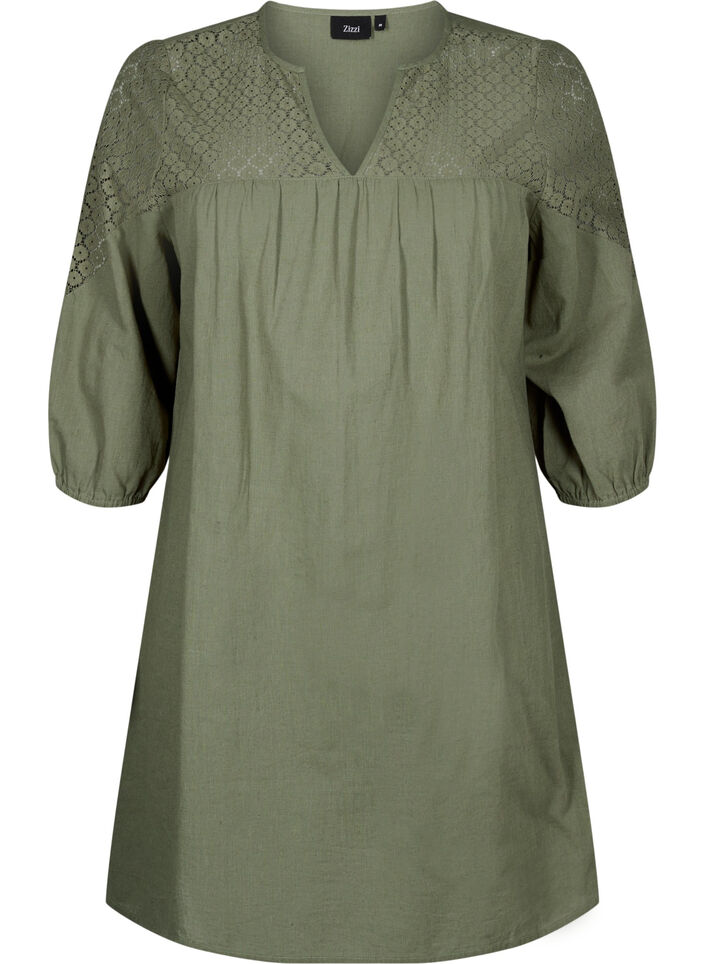 Dress in a cotton blend with linen and crochet detail, Deep Lichen Green, Packshot image number 0