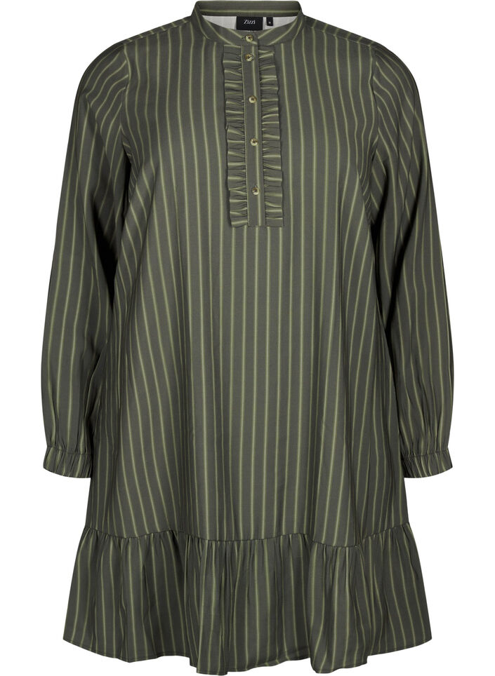 Short striped dress with ruffle detail, Thyme Stripe AOP, Packshot image number 0