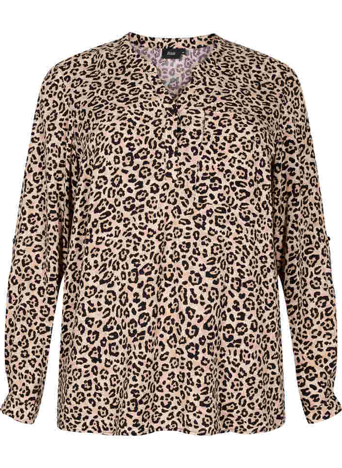 Long-sleeved viscose blouse in animal print, Leo AOP, Packshot image number 0