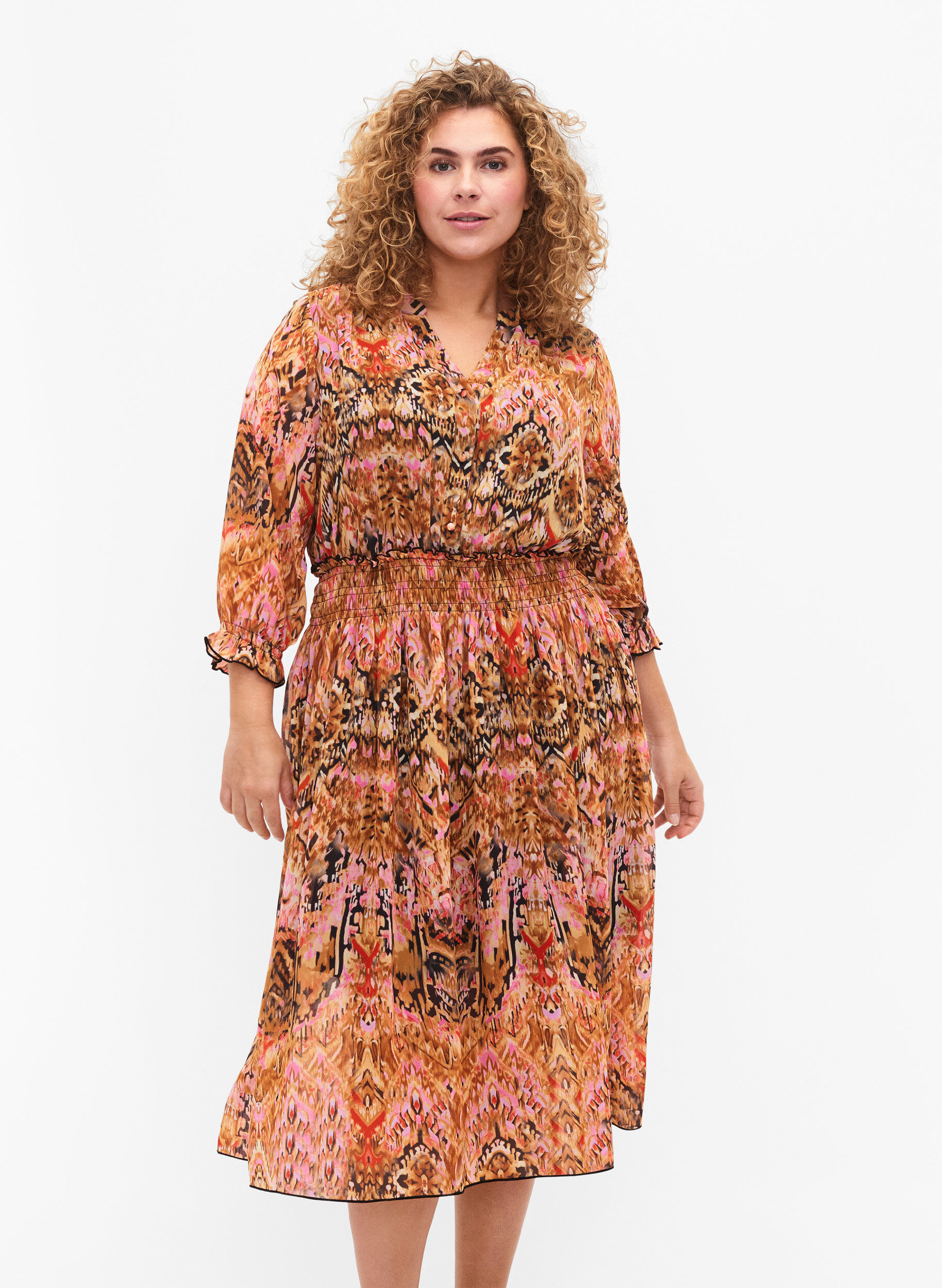 Zizzifashion Printed midi dress with smock and 3/4 sleeves, Colorful Ethnic, Model image number 0