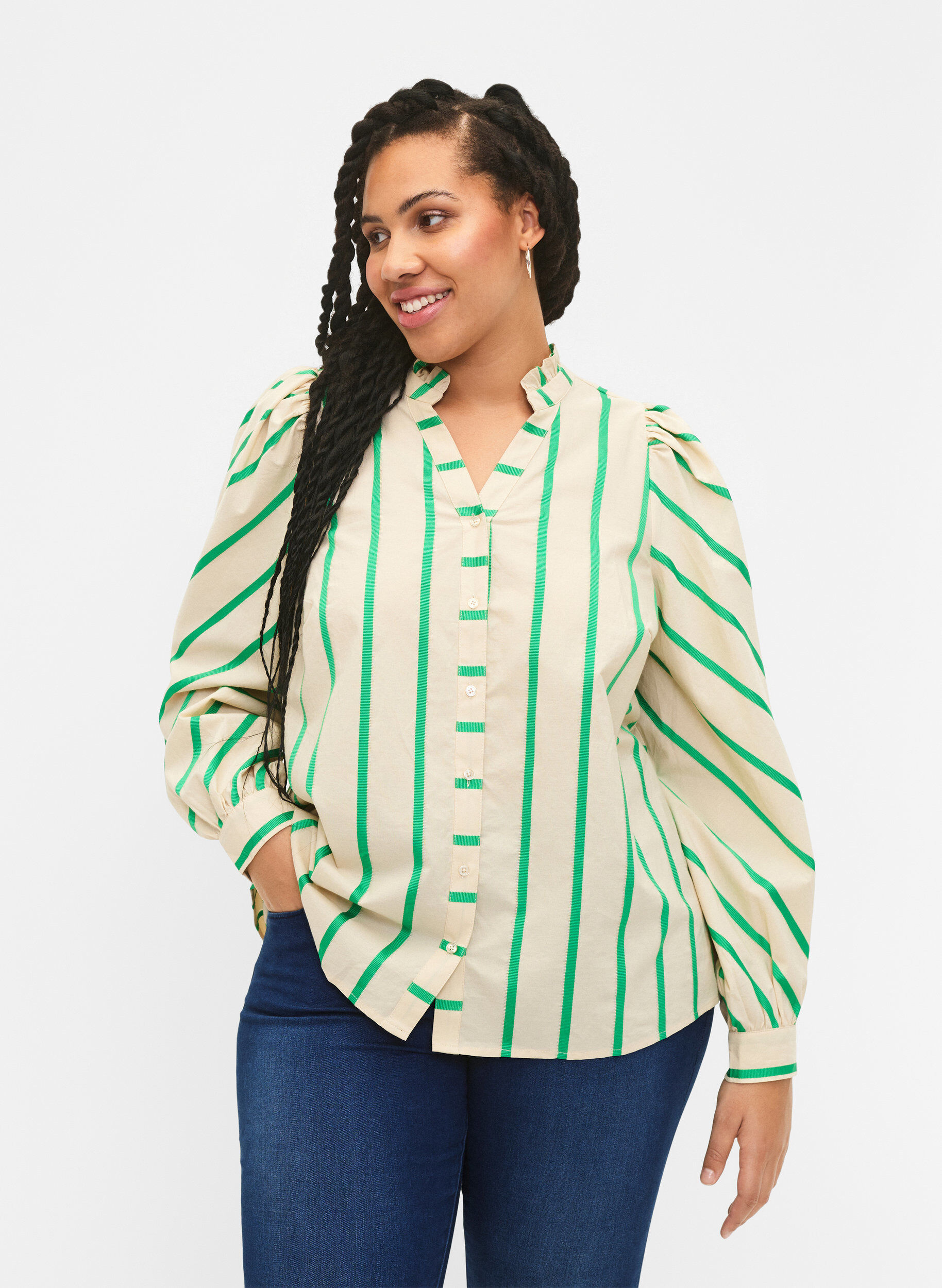 Zizzifashion Striped cotton shirt blouse with ruffle collar, Beige Green Stripe, Model image number 0
