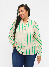 Striped cotton shirt blouse with ruffle collar, Beige Green Stripe, Model