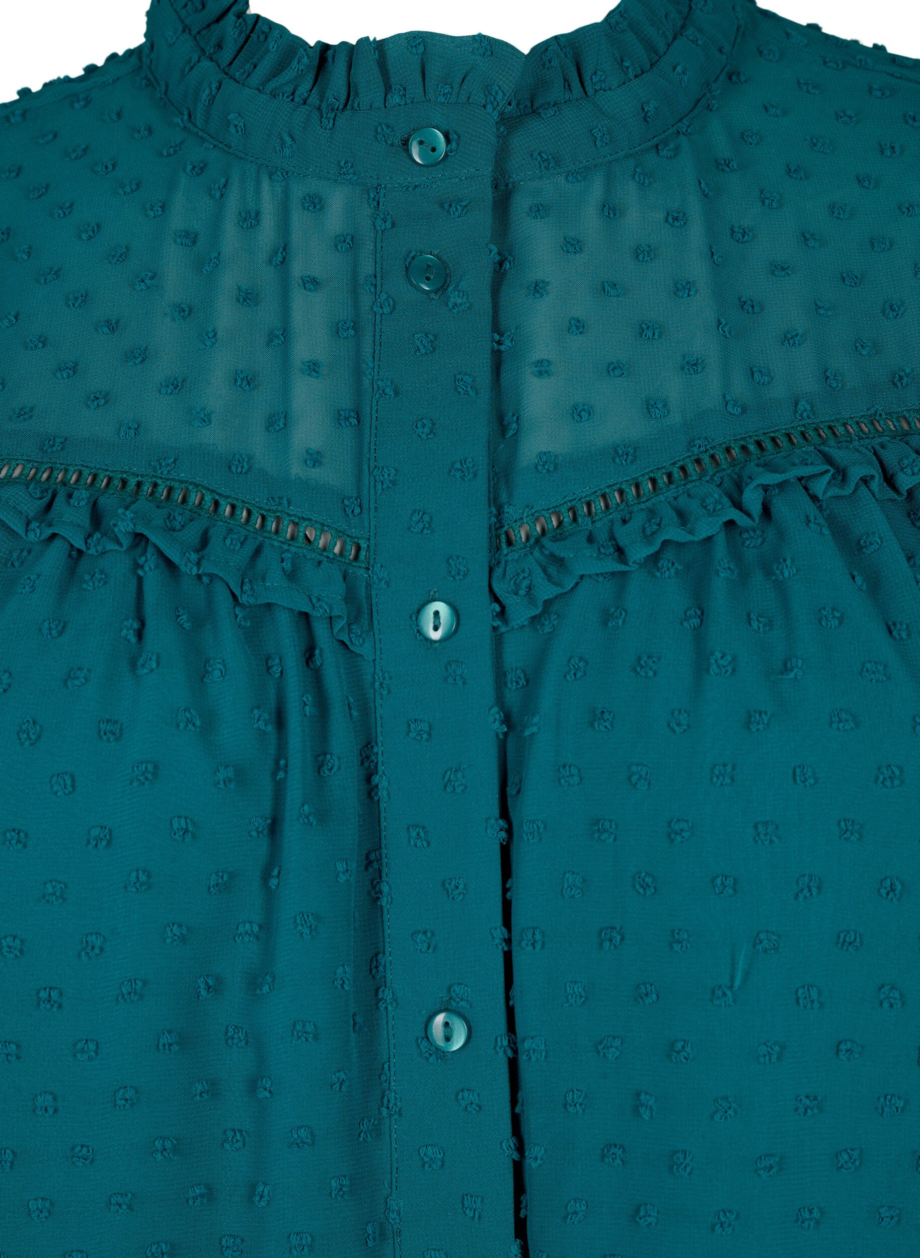 Zizzifashion Shirt blouse with ruffles and dotted texture, Shaded Spruce, Packshot image number 3