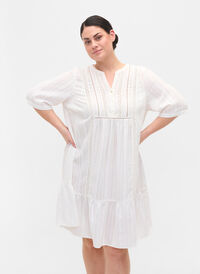 Striped viscose dress with lace ribbons, Bright White, Model
