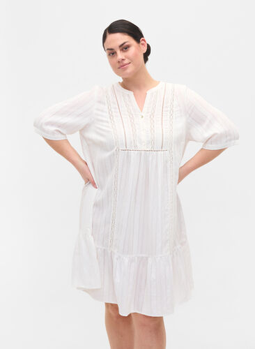 Striped viscose dress with lace ribbons, Bright White, Model image number 0