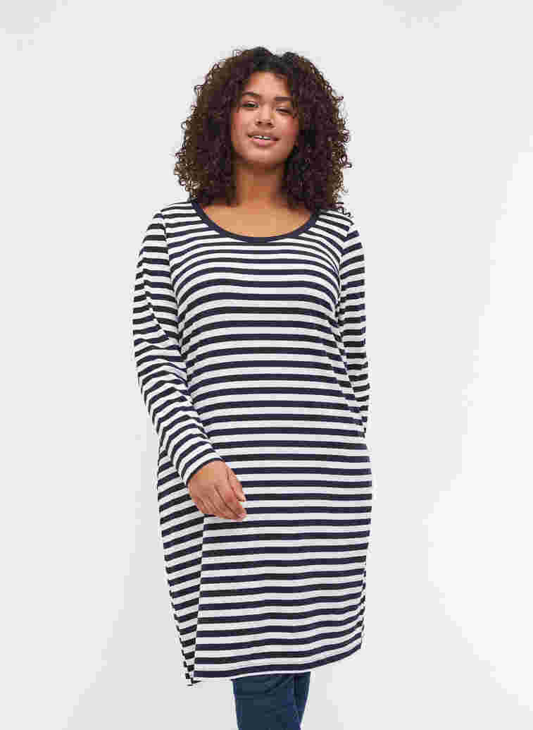 Striped cotton dress with long sleeves , NS w. White Thin, Model image number 0