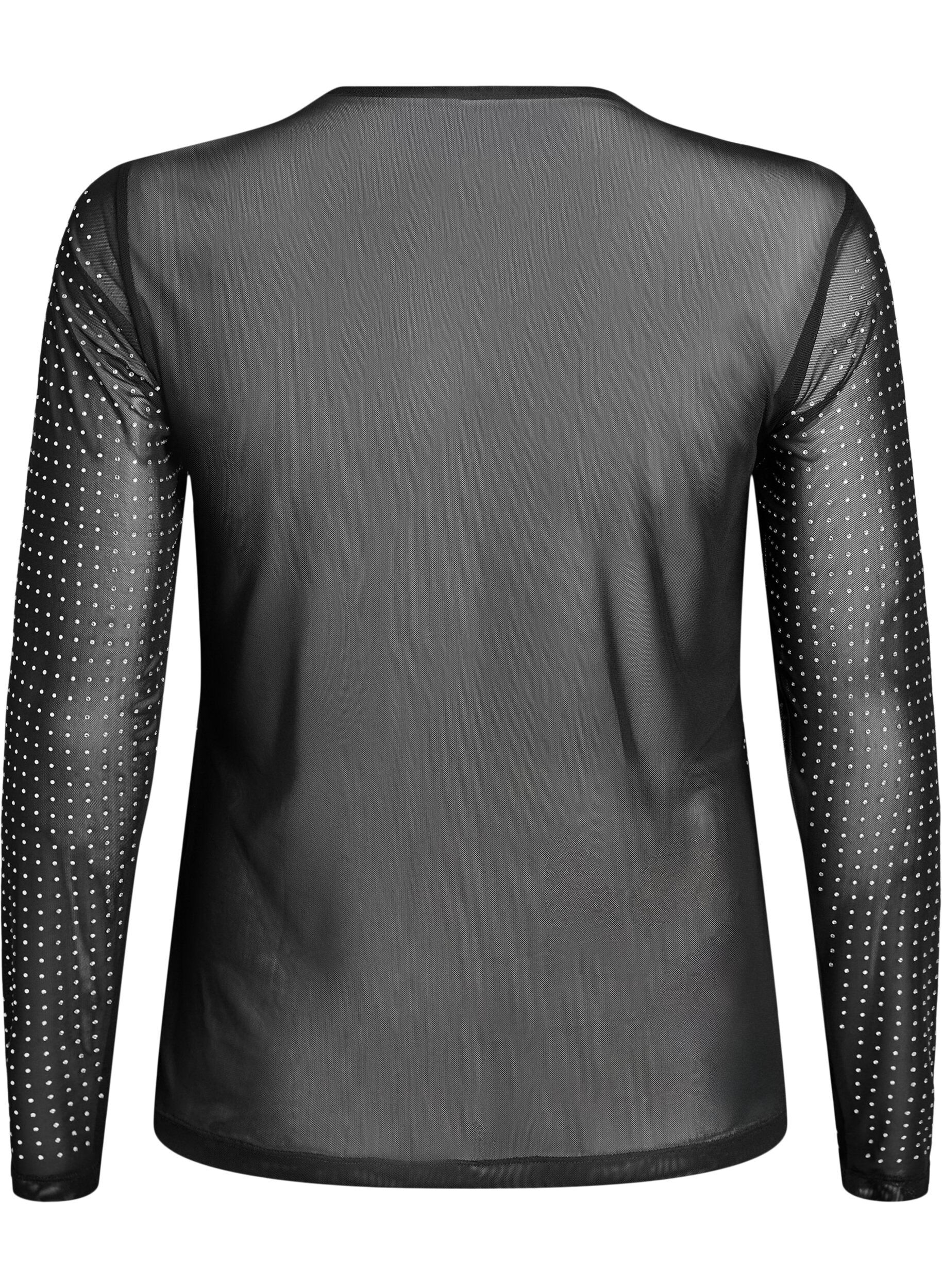 Zizzifashion Mesh blouse with rhinestones and long sleeves, Black, Packshot image number 1