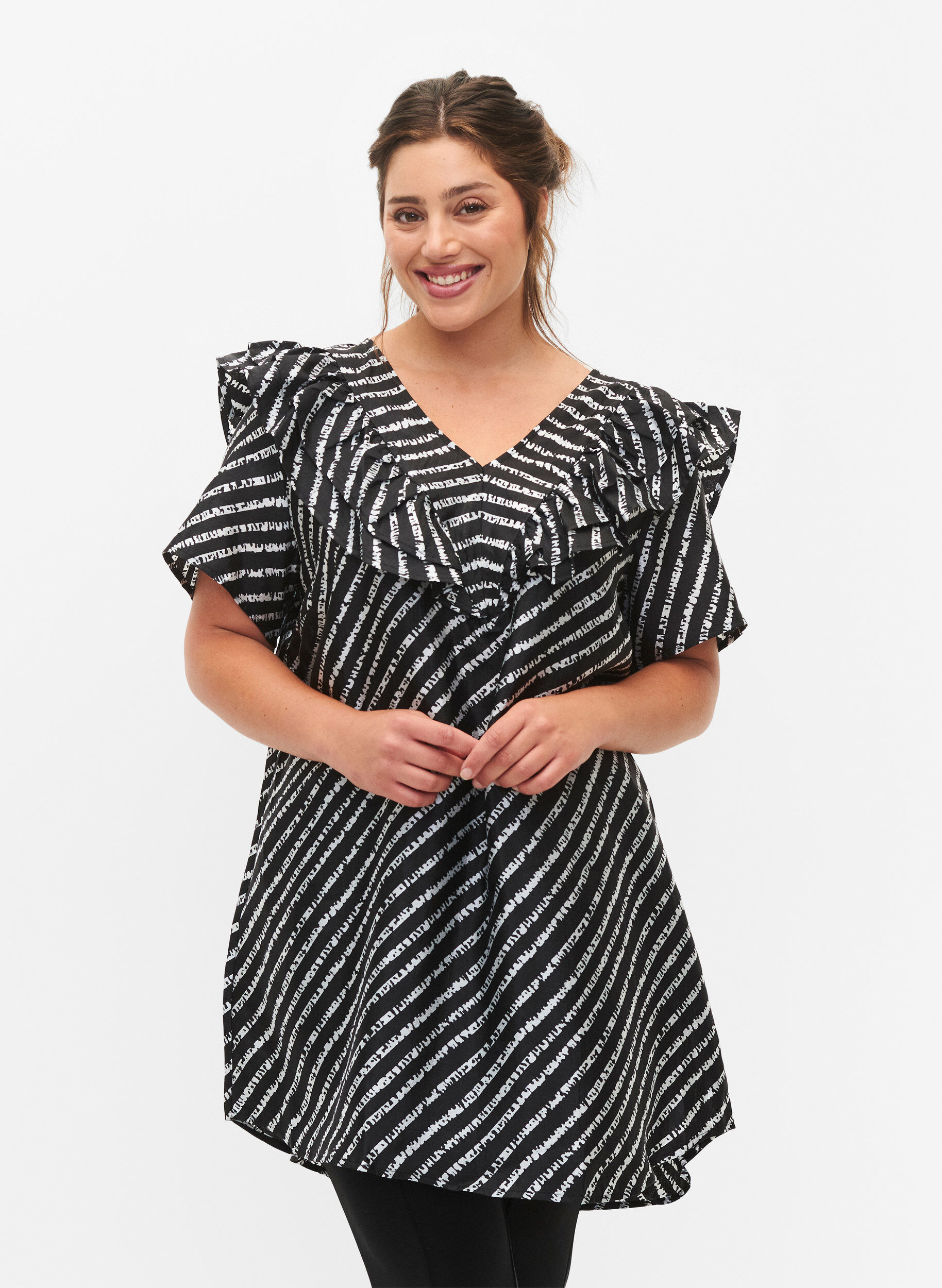 Zizzifashion Striped tunic with frills, Black/White Stripes, Model image number 0