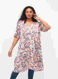 Printed dress with puff sleeves, B. White graphic AOP, Model