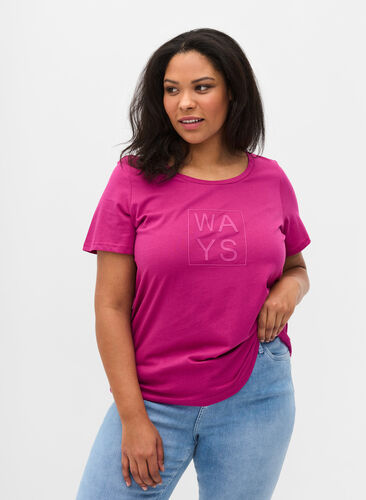 Short-sleeved cotton t-shirt with a print, Festival Fuchsia WAY, Model image number 0