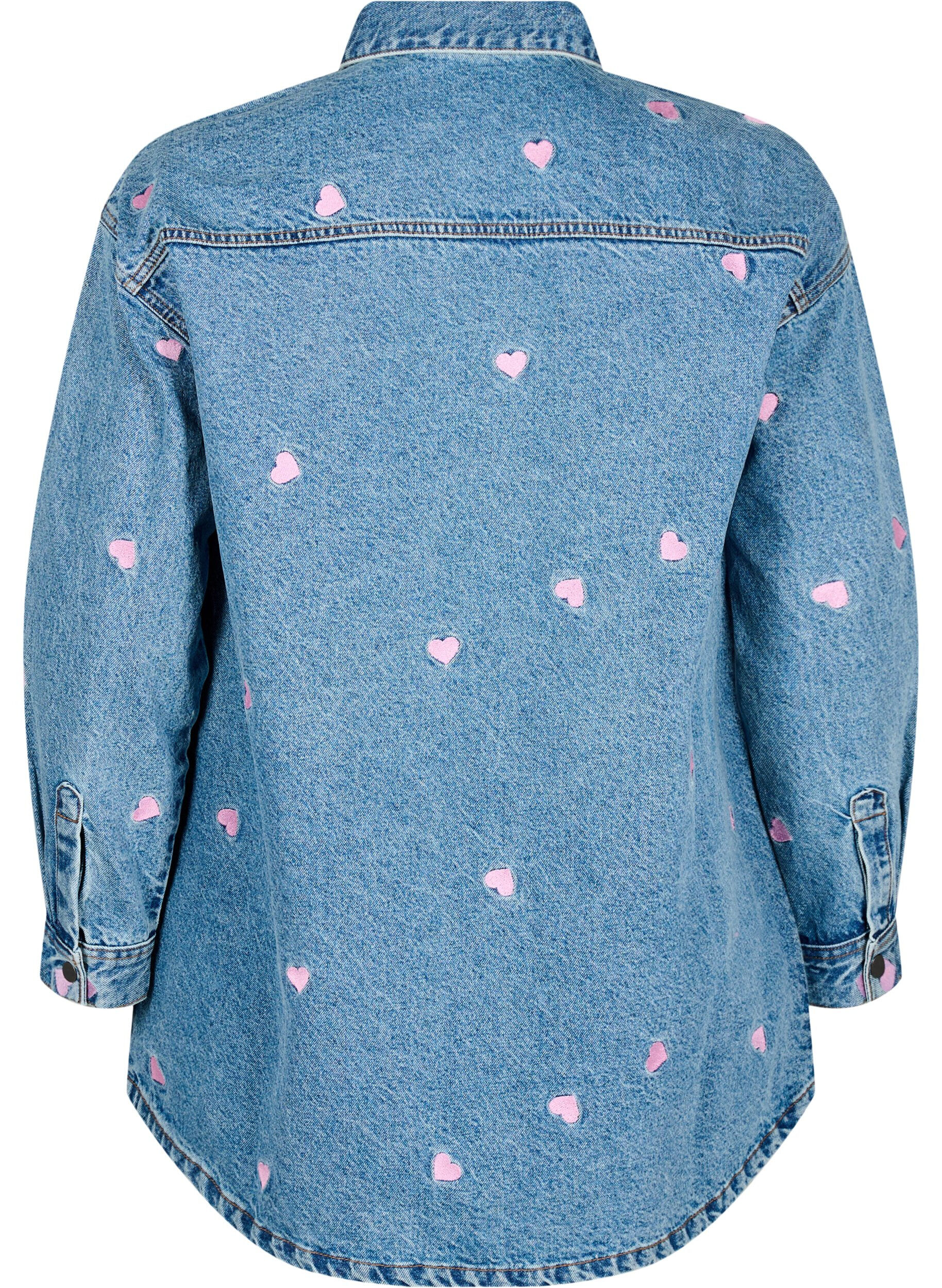 Zizzifashion Loose denim shirt with embroidered hearts, Light Blue Heart, Packshot image number 1