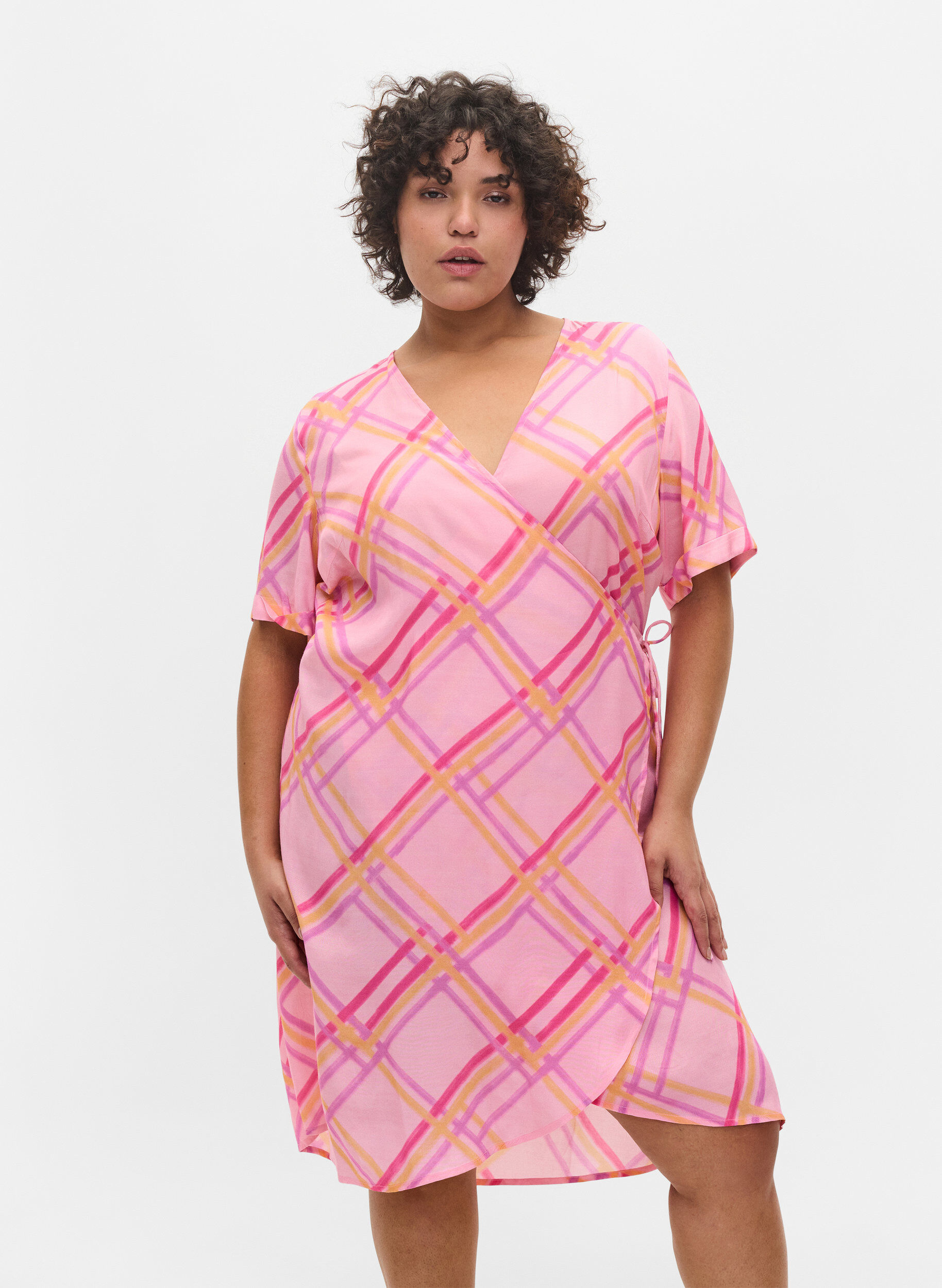 Zizzifashion Checkered viscose dress with wrap, Pink Check, Model image number 0