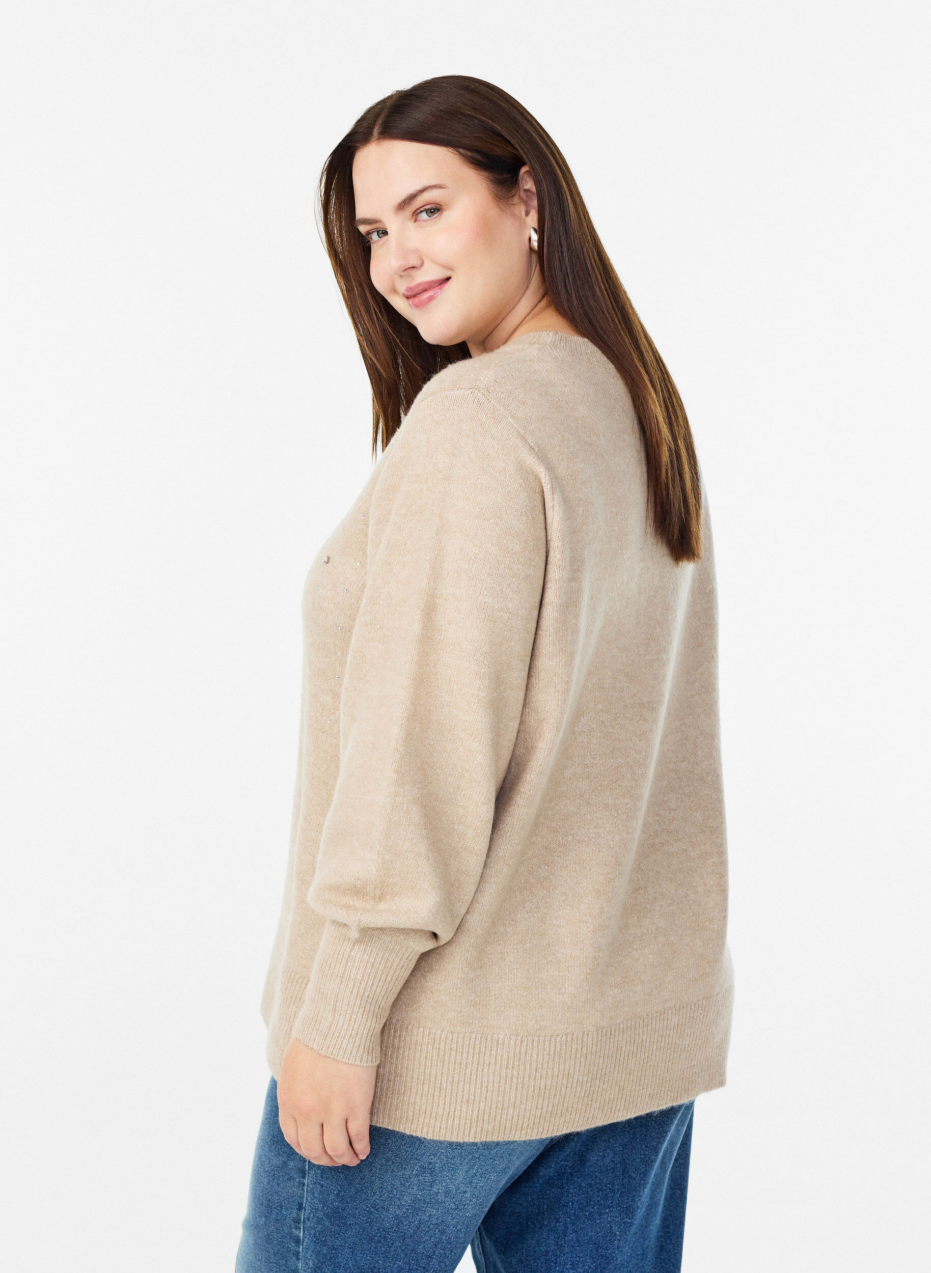 Zizzifashion Knit blouse with rhinestones, Beige, Model image number 2