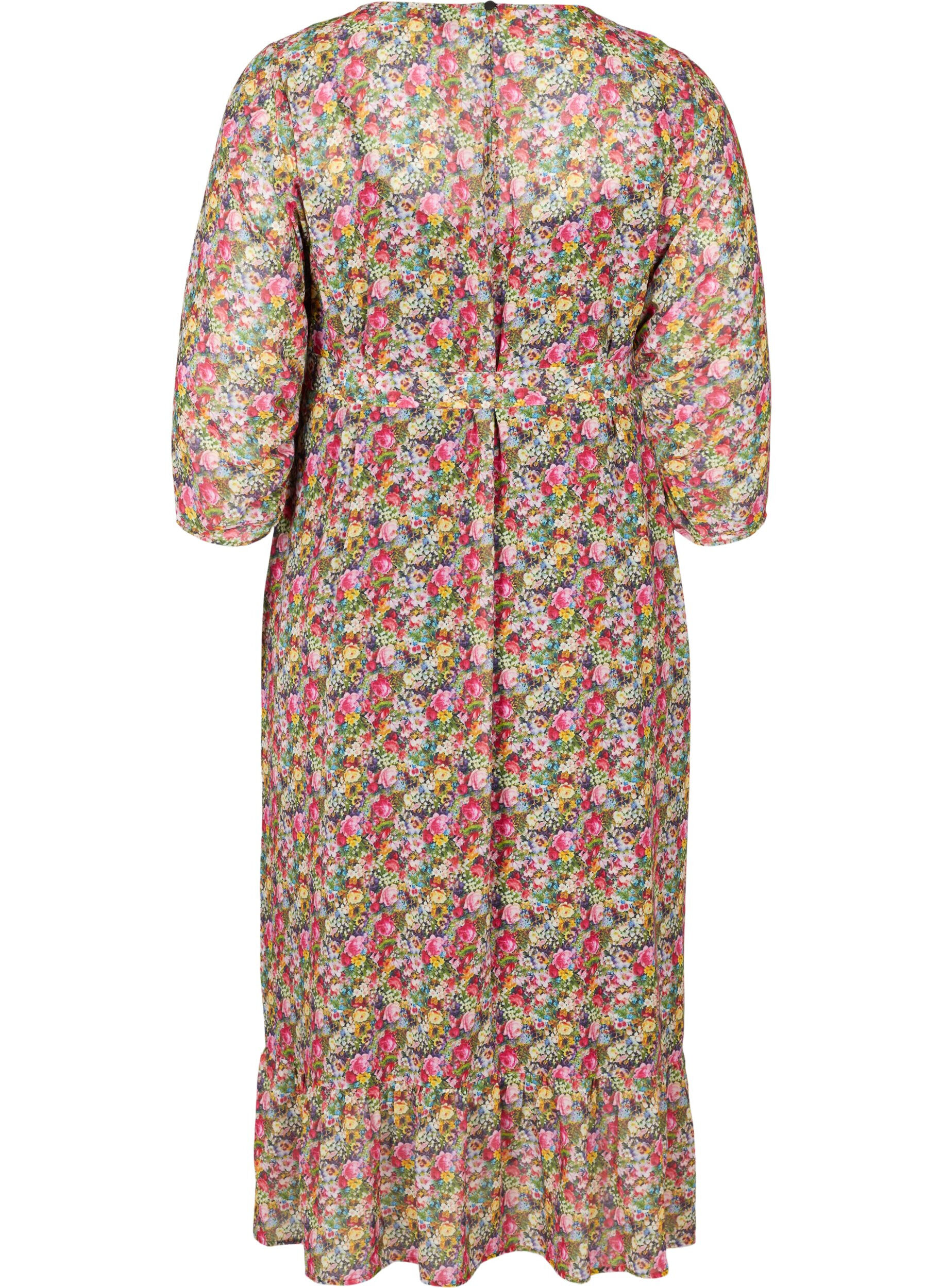 Zizzifashion Floral midi dress with a tie belt in the waist, Pink Flower AOP, Packshot image number 1
