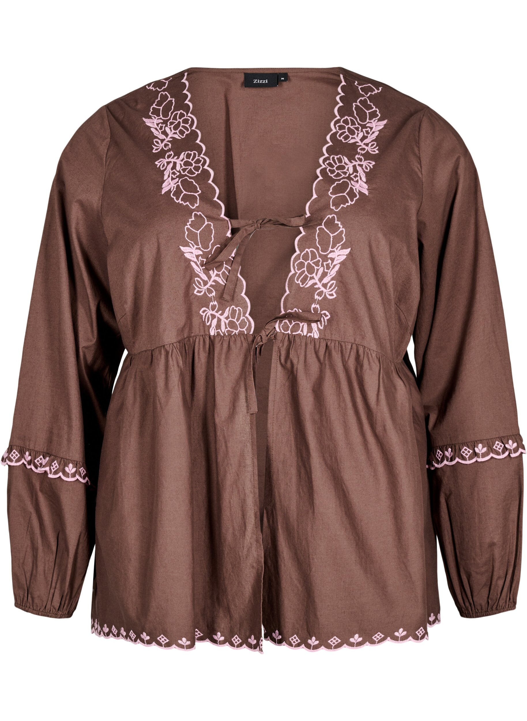 Zizzifashion Blouse with open front and embroidered details, Brown, Packshot image number 0