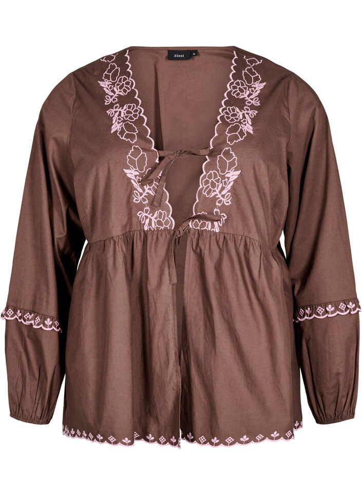 Blouse with open front and embroidered details, Brown, Packshot image number 0