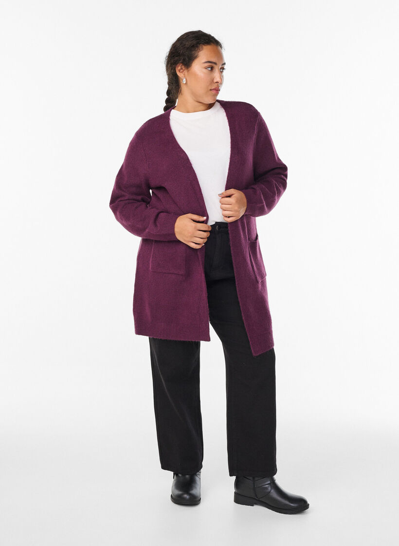 Long knitwear cardigan with pockets, Purple, Model image number 1